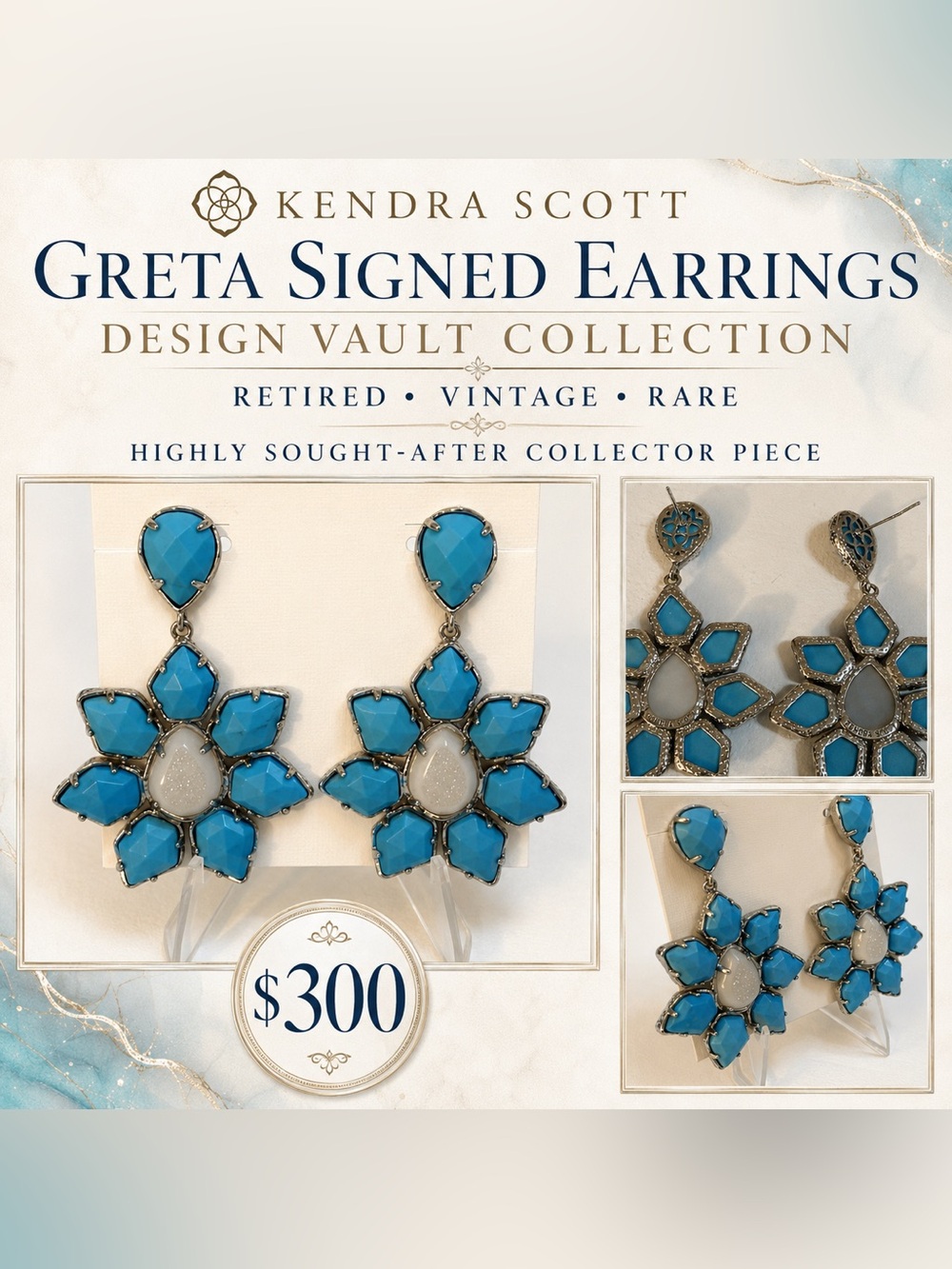 RARE Kendra Scott Greta Statement Earrings Silver Turquoise White Drusy Vault